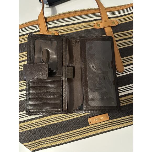 EUC Fossil Felicity Tote Brown Black White Yellow Stripe AND Leather Wallet - Picture 9 of 16